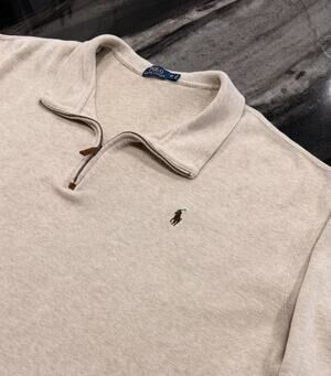 Polo Ralph Lauren 3XB Big Tall 1/4 Zip Sweater Oatmeal Heather Brown Pony Preppy